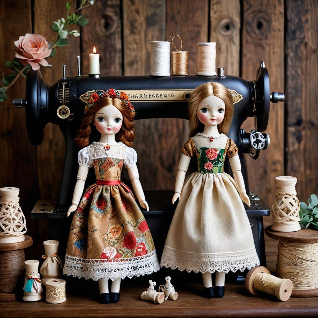 A collage of beautifully handcrafted and heritage dolls, showcasing intricate details and vibrant fabrics, set against a rustic wooden background. Include a vintage sewing machine and spools of colorful threads as props, adding to the nostalgic charm. Soft, warm lighting enhances the allure of these unique creations. Capture the essence of craftsmanship in a delicate, whimsical style. painterly, warm tones.