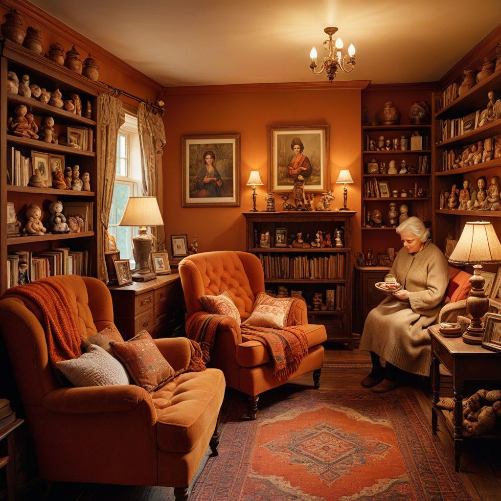 A cozy, vintage living room filled with shelves showcasing meticulously handcrafted dolls and colorful figurines, each with a unique story. Soft, warm lighting casts gentle shadows, creating an inviting atmosphere. A grandmother figure gently arranges her cherished collection, surrounded by family photos and lovingly knitted blankets, evoking feelings of nostalgia and warmth. The scene captures the essence of memory and affection. super-realistic. warm colors. cozy ambiance.