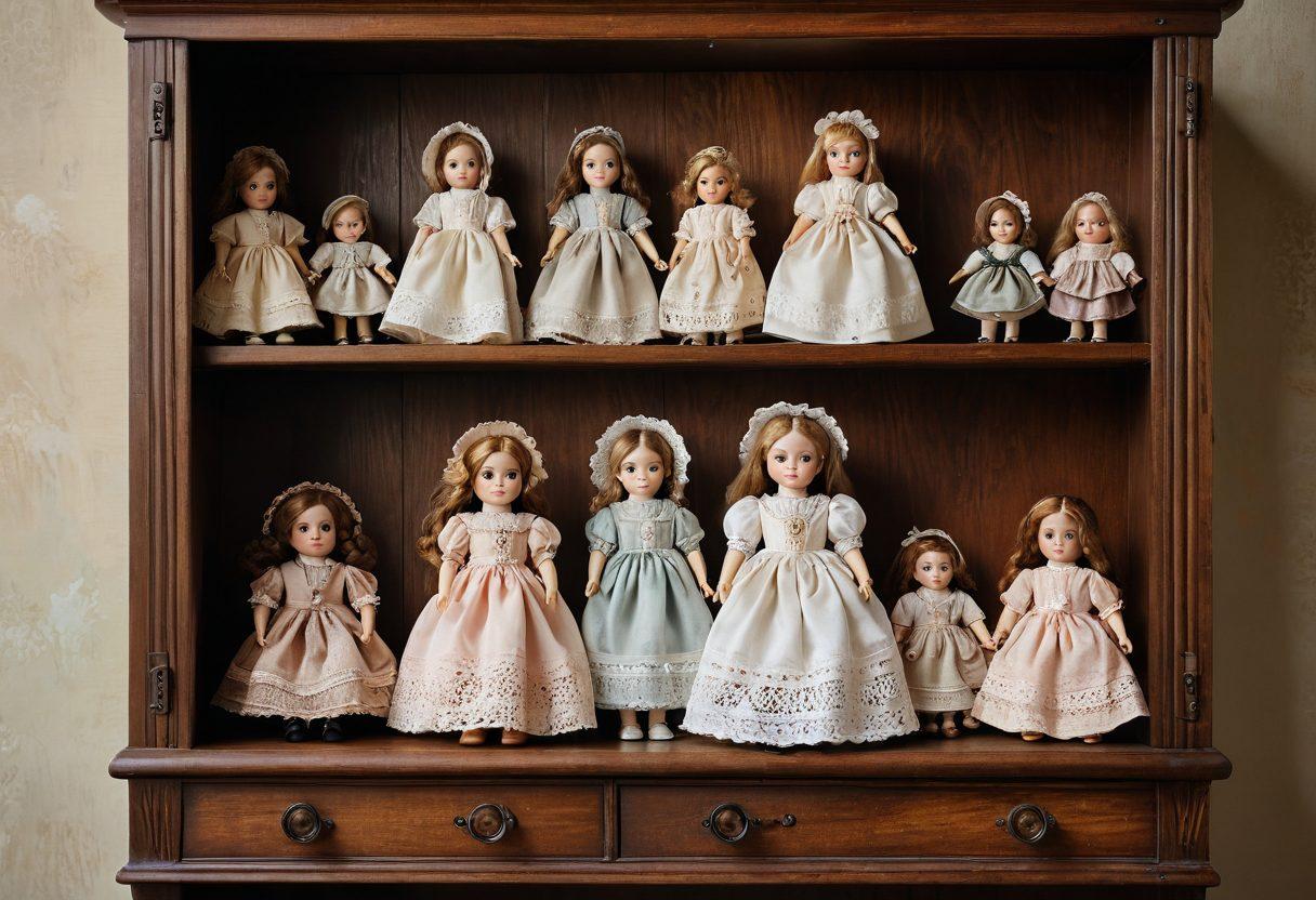 A nostalgic scene showcasing a vintage doll collection displayed in a beautifully crafted wooden cabinet. Each doll represents a different era, adorned in traditional outfits, surrounded by old photographs and mementos that symbolize cherished memories. Soft, warm lighting emphasizes the intricate details of the dolls and invites a sense of connection to the past. Rich textures and pastel colors create an inviting atmosphere. oil painting. warm tones.
